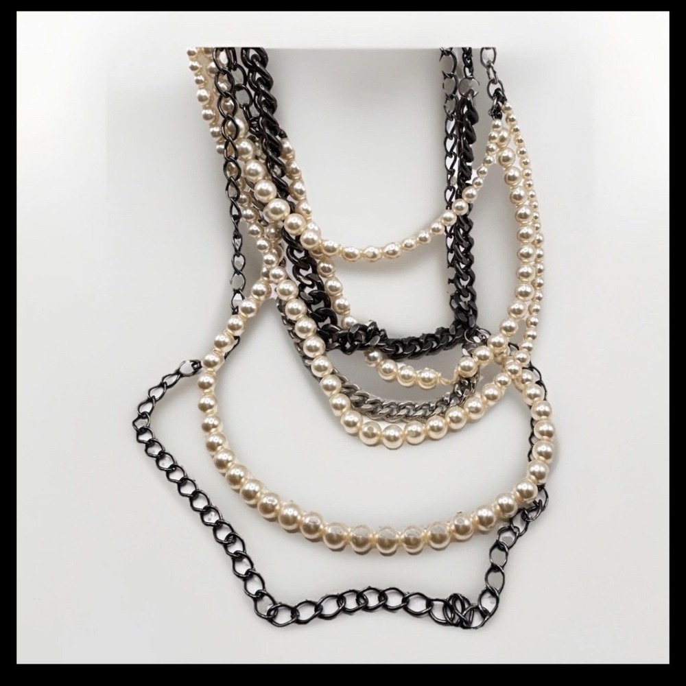 Multi Strand Faux Pearl and Gunmetal Chain Layered Statement Necklace Edgy Mixed
